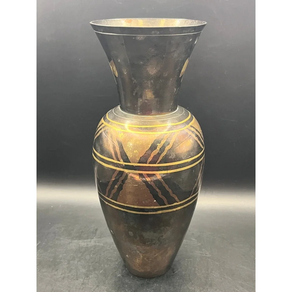 Vtg Solid Brass Black Etched Floral Geometric Vase Art Deco Style Decorative 10